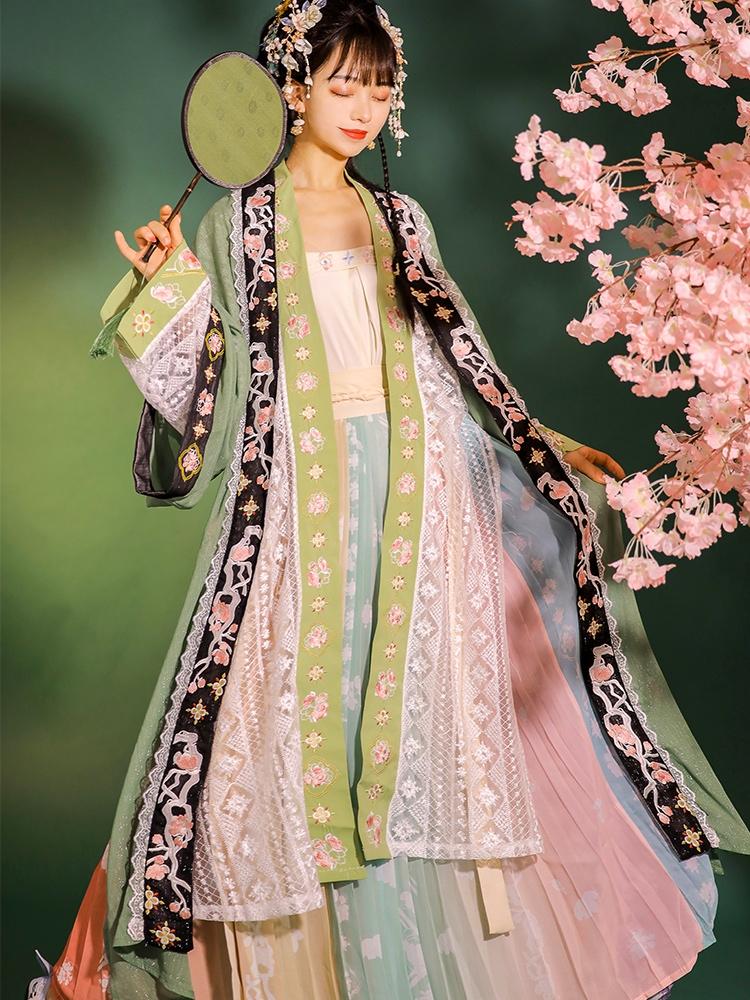 宋制黑色緣邊褙子彩虹色齊腰裙