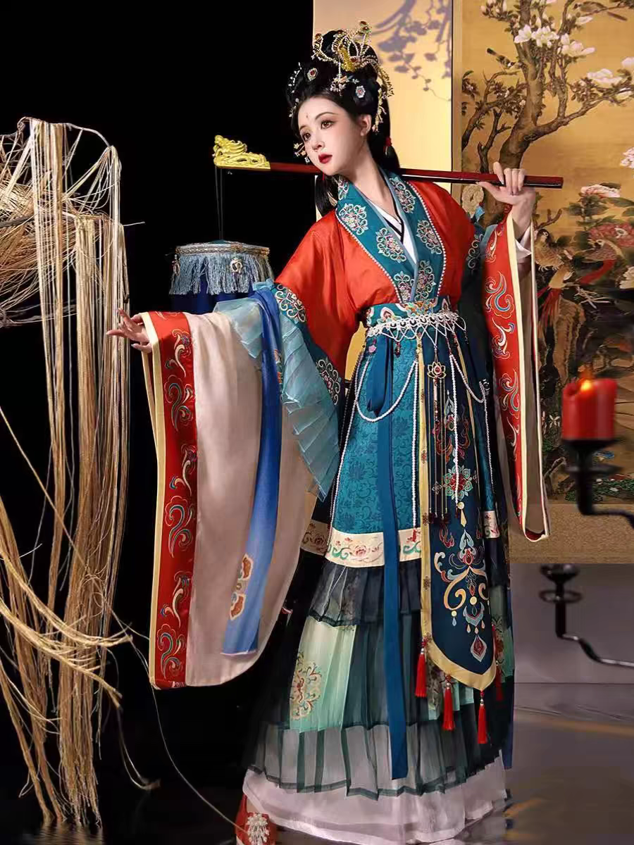 神仙服紅色半臂墨綠色裙