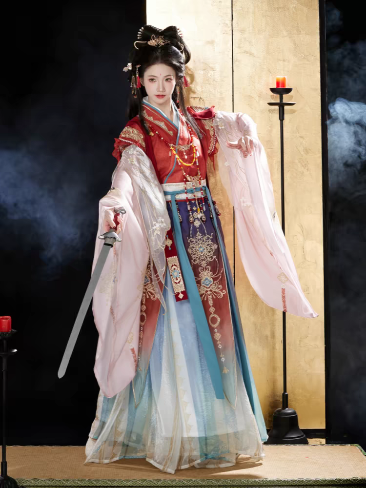 神仙服仙氣刺綉印花紅色半臂米色大袖漸變綠色裙
