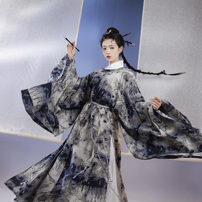 漢服男裝藍鎏金色官服大袖圓領袍