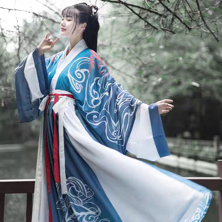 仙氣晉制深藍色半臂印花間色裙套裝